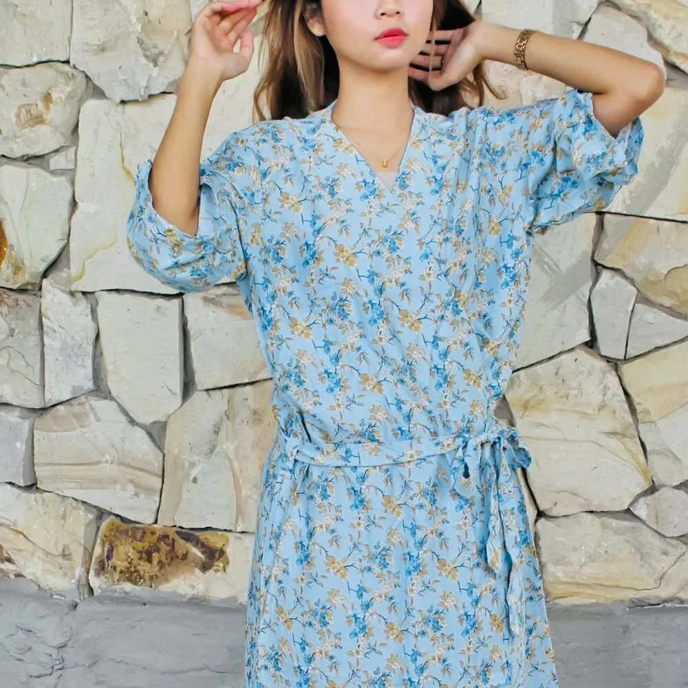 Blue Tropical Pattern Robes, Rayon Robe - Picture 3 of 9
